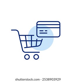 Shopping cart and credit card. Fast wholesale good checkout. Online store. Pixel perfect vector icon