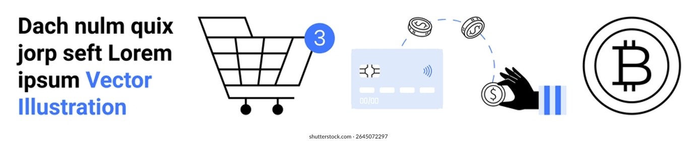 Shopping cart, credit card, and hand exchanging money, Bitcoin symbol. Ideal for e-commerce, payment technology, digital transactions, modern finance, online stores, cryptocurrency, fintech. Landing