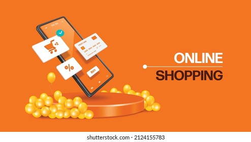 Shopping cart,%, and credit card icons float on smartphone screen and all floated above round podium with yellow balloons surrounding it,vector 3d on orange background for online shopping concept