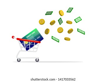 Shopping cart with credit card inside with a dollar coin and banknotes spread in front.