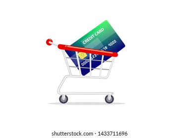 Shopping cart with credit card inside isolated on white background.