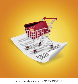 Shopping cart with credit card inside on bill.online payment concept bill payment online wallet.Bills and credit cards are on mobile with coins around.vector