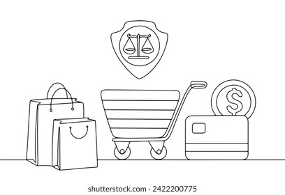 Shopping, shopping cart, credit card and money. Shopping symbols. At the top is a consumer protection sign. Vector. Images produced without the use of any form of AI software at any stage. 