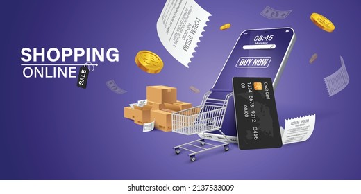 Shopping cart Credit card on mobile.Shopping Online on Website or Mobile Application Vector Concept Marketing and Digital marketing.vector 3d for advertising design