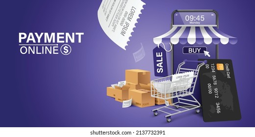 Shopping cart Credit card on mobile.Shopping Online on Website or Mobile Application Vector Concept Marketing and Digital marketing.vector 3d for advertising design