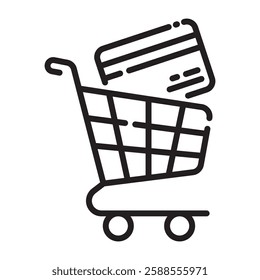 Shopping cart with credit card outline icon, e-commerce and online payment symbol, black and white vector illustration isolated on white background