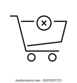 Shopping Cart With Cross Line Icon. Cancelled Order, Out Of Stock, Or Remove From Cart Outline Symbol. E-Commerce And Online Shopping Concept. Editable Stroke. Isolated Vector Illustration.