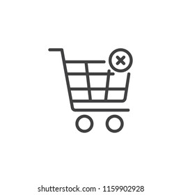 Shopping cart with cross sign outline icon. linear style sign for mobile concept and web design. Cancel or delete purchase simple line vector icon. Symbol, logo illustration. Pixel perfect vector 