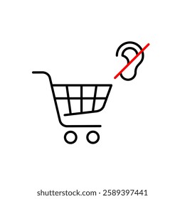 Shopping cart and crossed out ear symbol. No in-store announcements, silent checkout. Hearing-impaired customer service. Pixel perfect, editable stroke vector icon