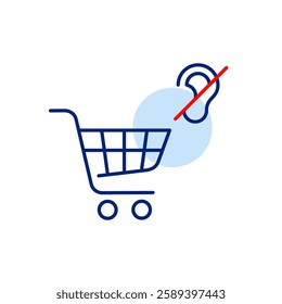 Shopping cart and crossed out ear symbol. No in-store announcements, silent checkout. Hearing-impaired customer service. Pixel perfect, editable stroke vector icon