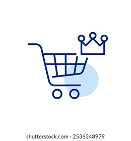 Carrito de compras y corona. Experiencia Cliente VIP, bienes y servicios de lujo. Icono de Vector perfecto de píxeles