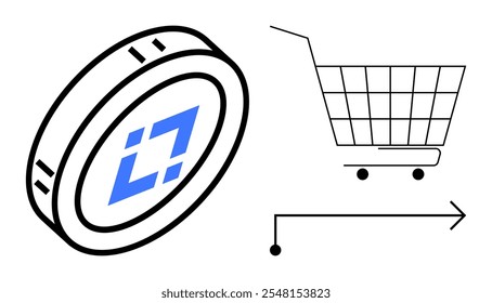 Carrito de compras y criptomoneda con una flecha. Ideal para comercio electrónico, pagos digitales, compras en línea, transacciones de criptomonedas, fintech. Estilo minimalista moderno