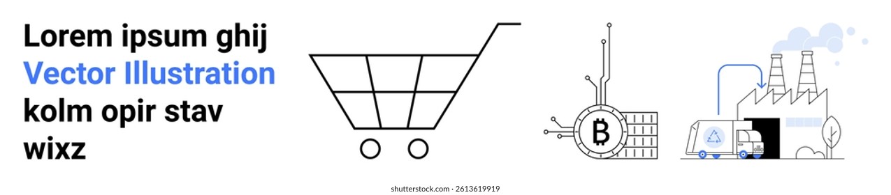 Shopping cart, cryptocurrency mining equipment, industrial factory with delivery truck, blue text blocks. Ideal for e-commerce, digital finance, industrial processes, technology, blockchain, online