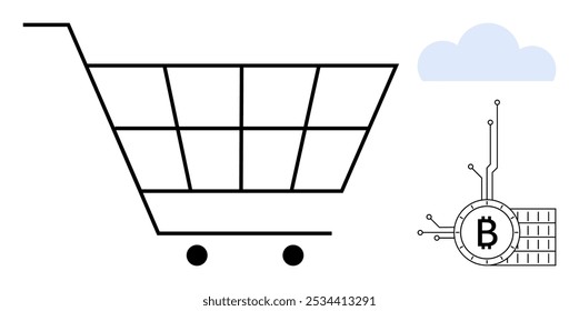 Um carrinho de compras e símbolo de criptomoeda ao lado de elementos blockchain e uma nuvem. Ideal para comércio eletrônico, criptomoeda, transações digitais, compras on-line, inovações tecnológicas. Contorno minimalista