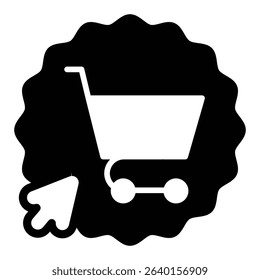Shopping cart with cursor solid icon, black friday concept. Vector graphics. Sticker with trolley and mouse pointer sign on white background, style mobile or design