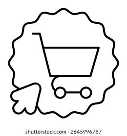 Carrinho de compras com cursor ícone de linha fina, conceito de sexta-feira preta. Gráficos vetoriais. Adesivo com carrinho e mouse sinal ponteiro sobre fundo branco, estilo móvel ou design