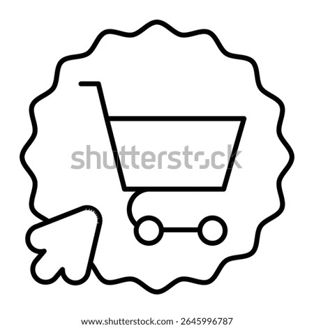 Shopping cart with cursor thin line icon, black friday concept. Vector graphics. Sticker with trolley and mouse pointer sign on white background, style mobile or design
