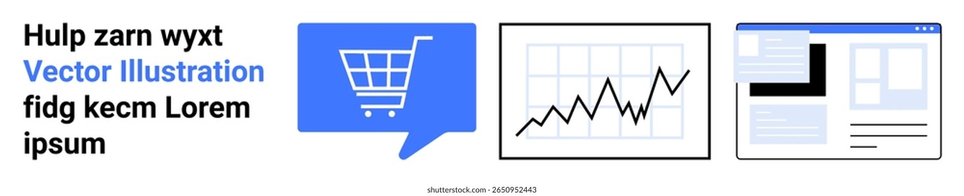 Shopping cart, data graph, and web design interface. Ideal for e-commerce, analytics, business growth, data visualization, online shopping, web development, and digital marketing. Landing page