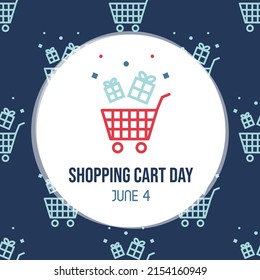 Shopping Cart Day greeting card, vector illustration with cute colorful shopping bags, packages and seamless pattern. June 4.
