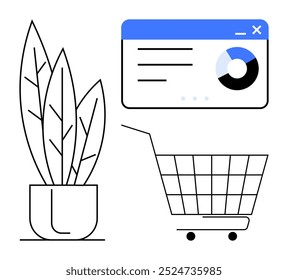 Shopping cart, a decorative potted plant, and a digital interface with a pie chart in a minimalist vector style. Ideal for e-commerce, analytics, online business, marketing, and digital shopping