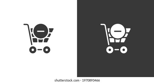 Shopping cart. Delete product. Isolated icon on black and white background. Commerce glyph vector illustration