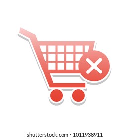 Shopping Cart with delete sign. Vector. Reddish icon with white and gray shadow on white background. Isolated.