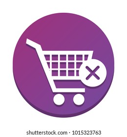 Shopping Cart with delete sign. Vector. White icon with flat shadow on purpureus circle at white background. Isolated.