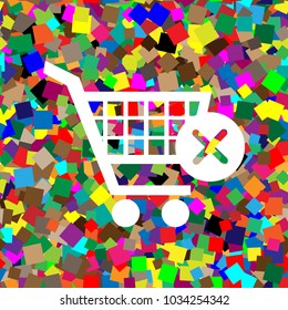 Shopping Cart with delete sign. Vector. White icon on colorful background with seamless pattern from squares.