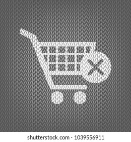 Shopping Cart with delete sign. Vector. White knitted icon on gray knitted background. Isolated.