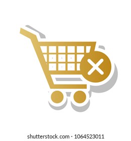 Shopping Cart with delete sign. Vector. Golden gradient icon with white contour and rotated gray shadow at white background.