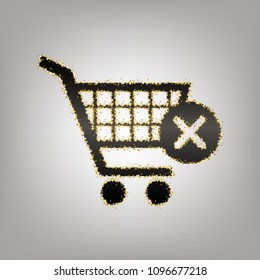 Shopping Cart with delete sign. Vector. Blackish icon with golden stars at grayish background.