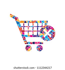 Shopping Cart with delete sign. Vector. Stained glass icon on white background. Colorful polygons. Isolated.