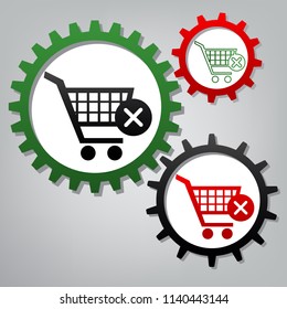 Shopping Cart with delete sign. Vector. Three connected gears with icons at grayish background.