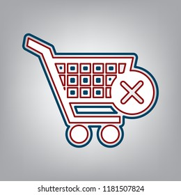 Shopping Cart with delete sign. Vector. Dark red, transparent and midnight green stroke of white icon at grayish background.