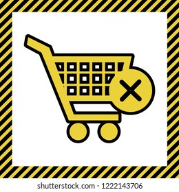 Shopping Cart with delete sign. Vector. Warm yellow icon with black contour in frame named as under construction at white background. Isolated.