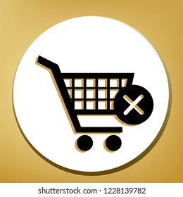 Shopping Cart with delete sign. Vector. Black icon with light brown shadow in white circle with shaped ring at golden background.