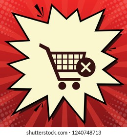 Shopping Cart with delete sign. Vector. Dark red icon in lemon chiffon shutter bubble at red popart background with rays.