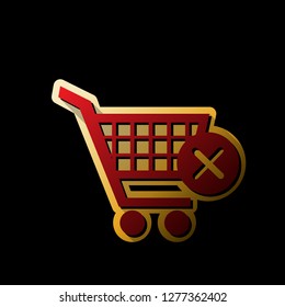 Shopping Cart with delete sign. Vector. Red icon with small black and limitless shadows at golden sticker on black background.