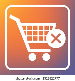 Shopping Cart with delete sign. Vector. White icon on transparent button at orange-violet gradient background.