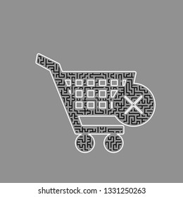 Shopping Cart with delete sign. Vector. Black maze filled icon with white border at gray background.