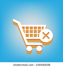 Shopping Cart with delete sign. Vector. White icon with 3d warm-colored gradient body at sky blue background.