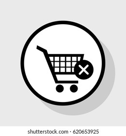 Shopping Cart with delete sign. Vector. Flat black icon in white circle with shadow at gray background.
