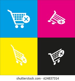 Shopping Cart with delete sign. Vector. White icon with isometric projections on cyan, magenta, yellow and black backgrounds.