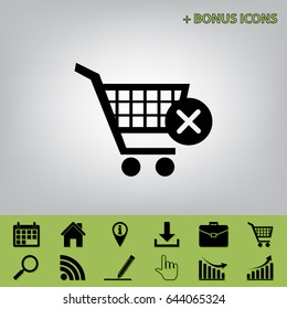 Shopping Cart with delete sign. Vector. Black icon at gray background with bonus icons at celery ones