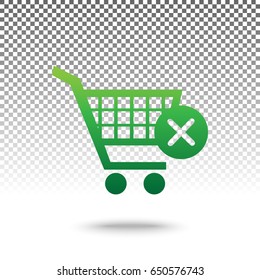 Shopping Cart with delete sign. Vector. Green gradient icon with shadow at bottom on transparent and white background.