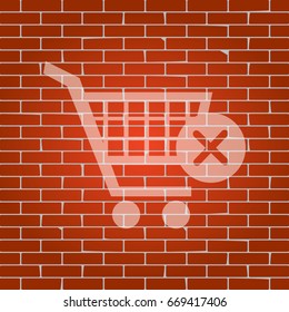 Shopping Cart with delete sign. Vector. Whitish icon on brick wall as background.
