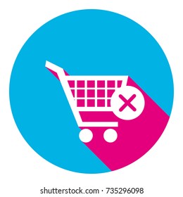 Shopping Cart with delete sign. Vector. Flat white icon with mexican pink shadow inside sky blue(S and G) circle at white background. Isolated. Trend colors in 2017.