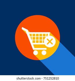 Shopping Cart with delete sign. Vector. White icon on tangelo circle with infinite shadow of light at cool black background. Selective yellow and bright navy blue are produced.