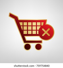 Shopping Cart with delete sign. Vector. Red icon on gold sticker at light gray background.