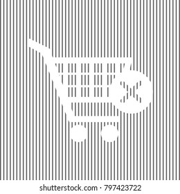 Shopping Cart with delete sign. Vector. White icon on grayish striped background. Optical illusion.